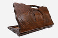 Carved beechwood backgammon board with the Garni Temple and a carry handle, propped open