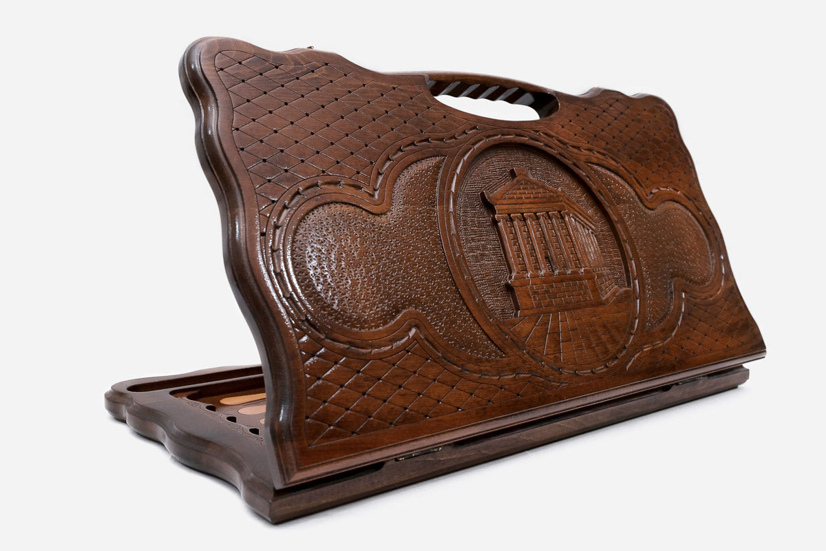 Carved beechwood backgammon board with the Garni Temple and a carry handle, propped open