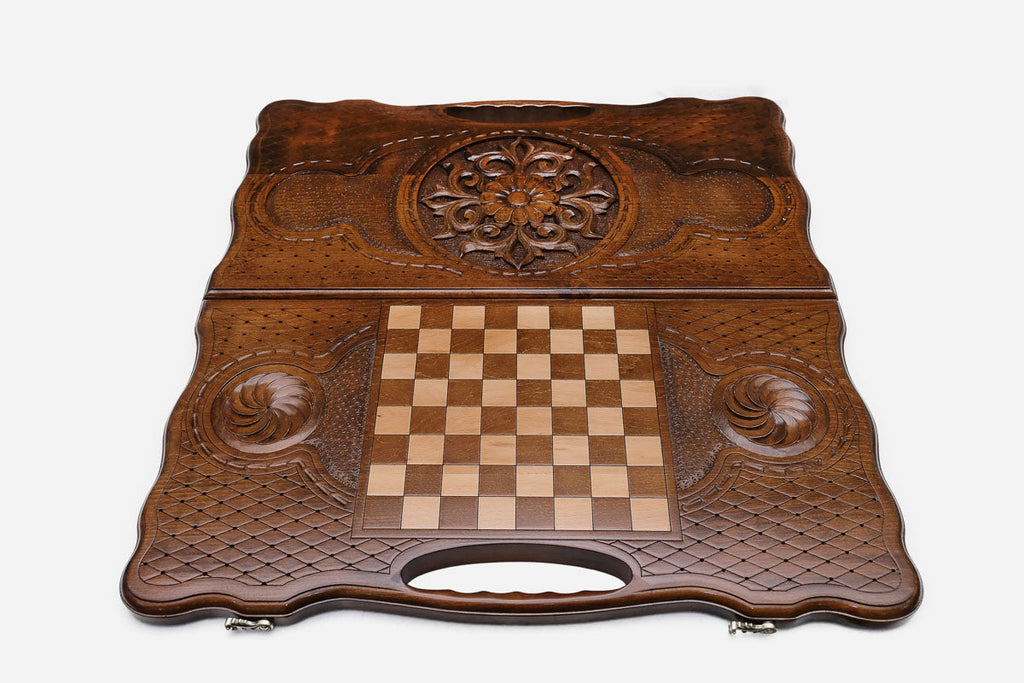 Angled view of the petal ornament carved backgammon board