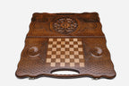 Angled view of the petal ornament carved backgammon board