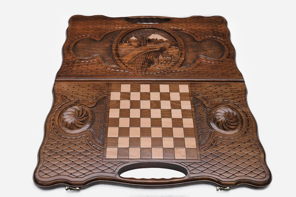 Angled view of the Mount Ararat carved backgammon board