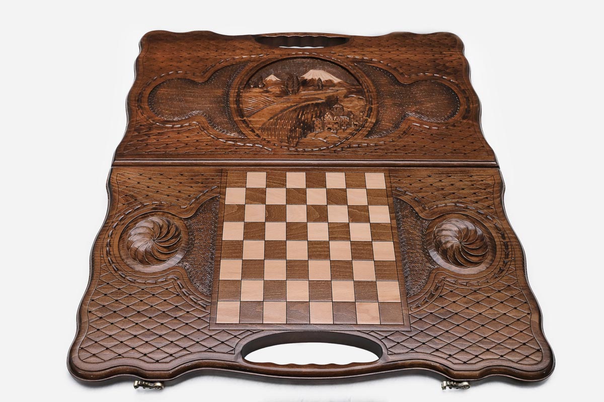Angled view of the Mount Ararat carved backgammon board