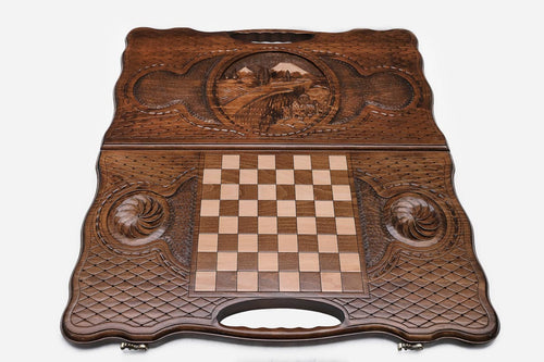 Angled view of the Mount Ararat carved backgammon board