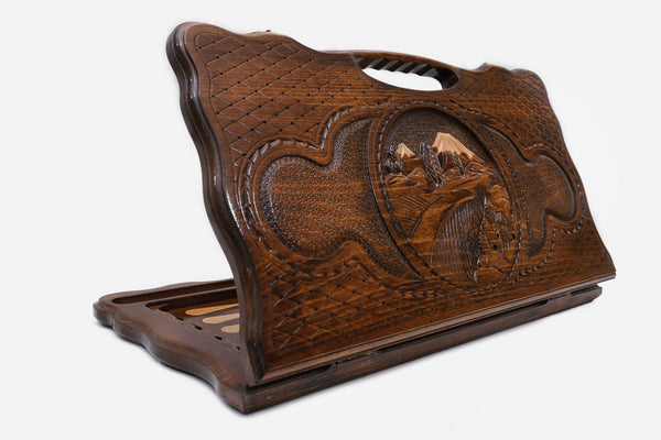 Carved beechwood backgammon board with Mount Ararat and a carry handle, propped open