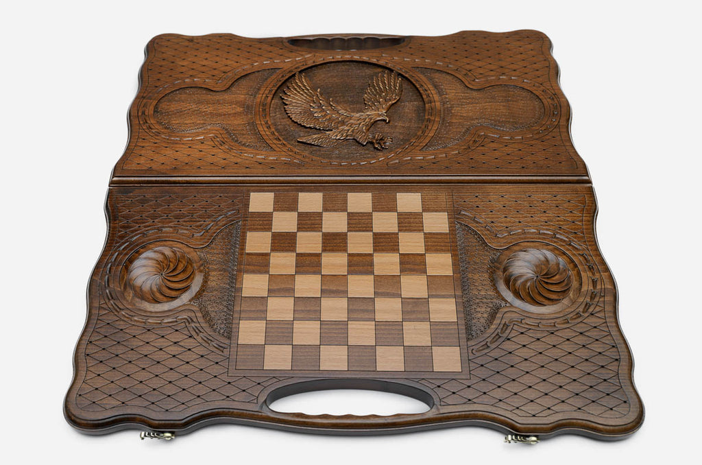 Angled view of the flying eagle carved backgammon board