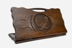 Carved beechwood backgammon board with an eagle in flight and a carry handle, propped open