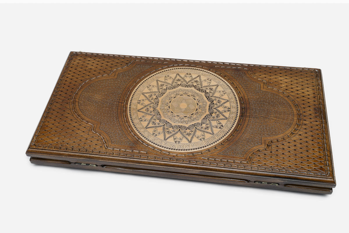 Running scroll Armenian backgammon set with checkers and dice