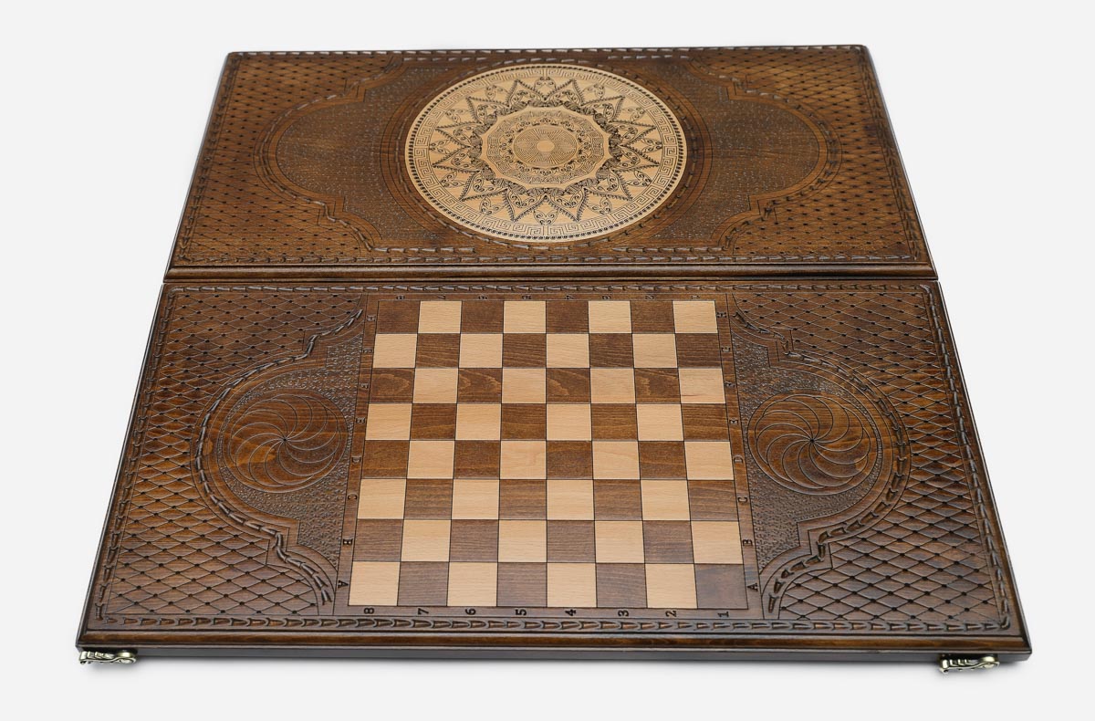 Running scroll backgammon set folded, carved wave border showing