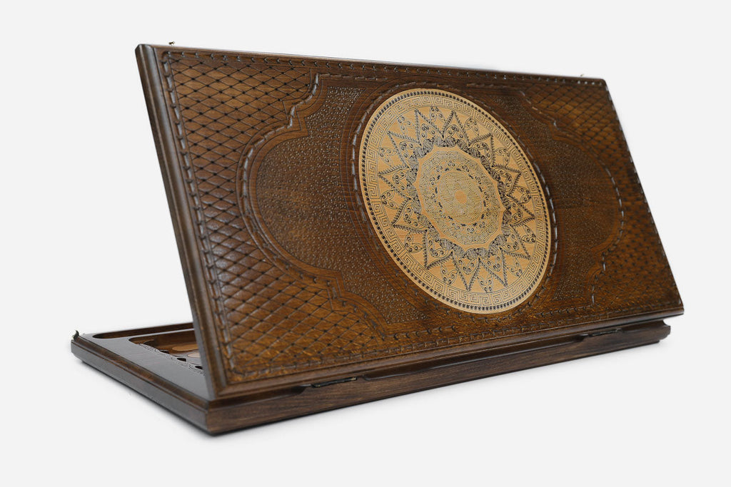 Armenian backgammon set carved with a running scroll ornament