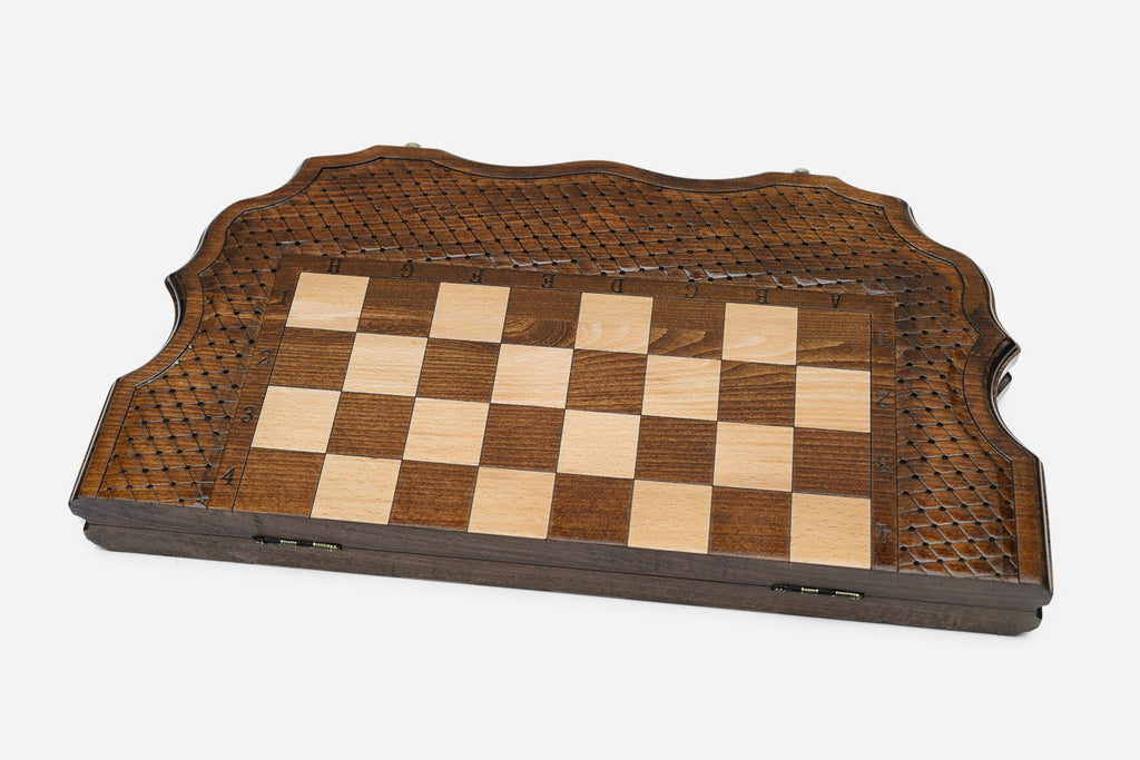 Full-size wooden chess set with sculpted profile