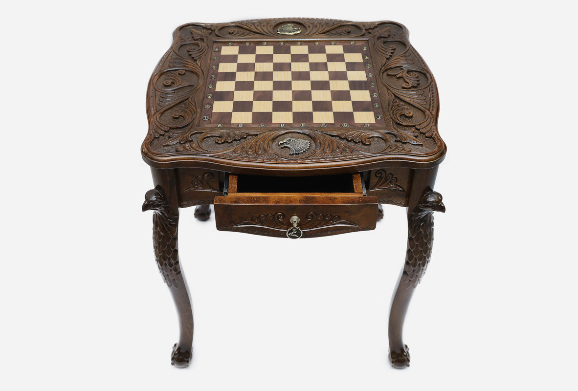 Eagle chess table, playing surface detail