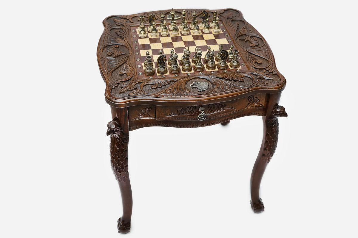 Eagle chess table with figural bronze pieces