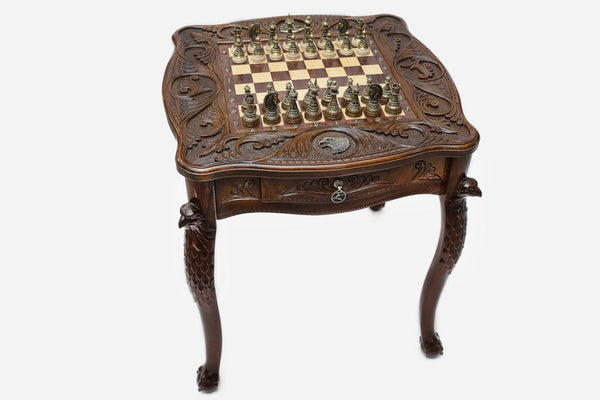 Eagle chess table with figural bronze pieces