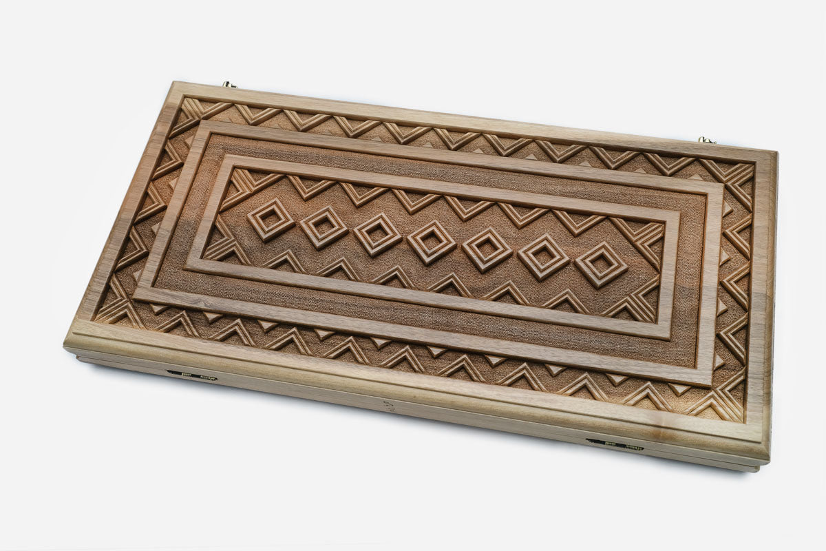 Khent flagship walnut backgammon set with checkers and dice