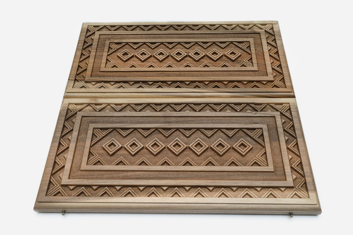 Khent walnut backgammon set folded, dense hand-carving showing