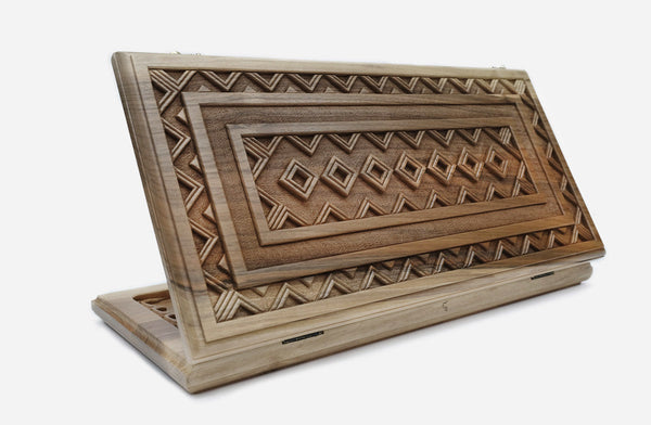 Khent luxury walnut backgammon set with deep carving across every surface