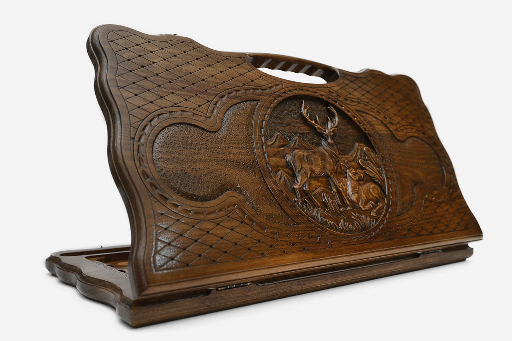Carved beechwood backgammon board with a graceful deer and a carry handle, propped open
