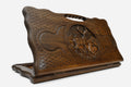 Carved beechwood backgammon board with a graceful deer and a carry handle, propped open