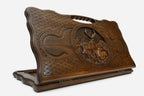 Carved beechwood backgammon board with a graceful deer and a carry handle, propped open
