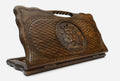 Carved beechwood backgammon board with a crowned lion and a carry handle, propped open