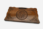 The backgammon board opened to show the wooden playing surface