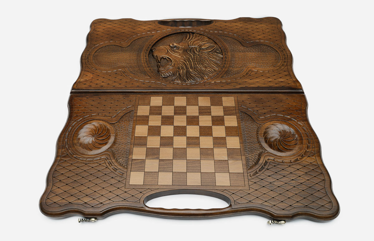 Angled view of the roaring lion carved backgammon board