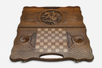 Angled view of the Saint George carved backgammon board