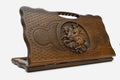 Carved beechwood backgammon board with Saint George slaying the dragon, with a carry handle, propped open