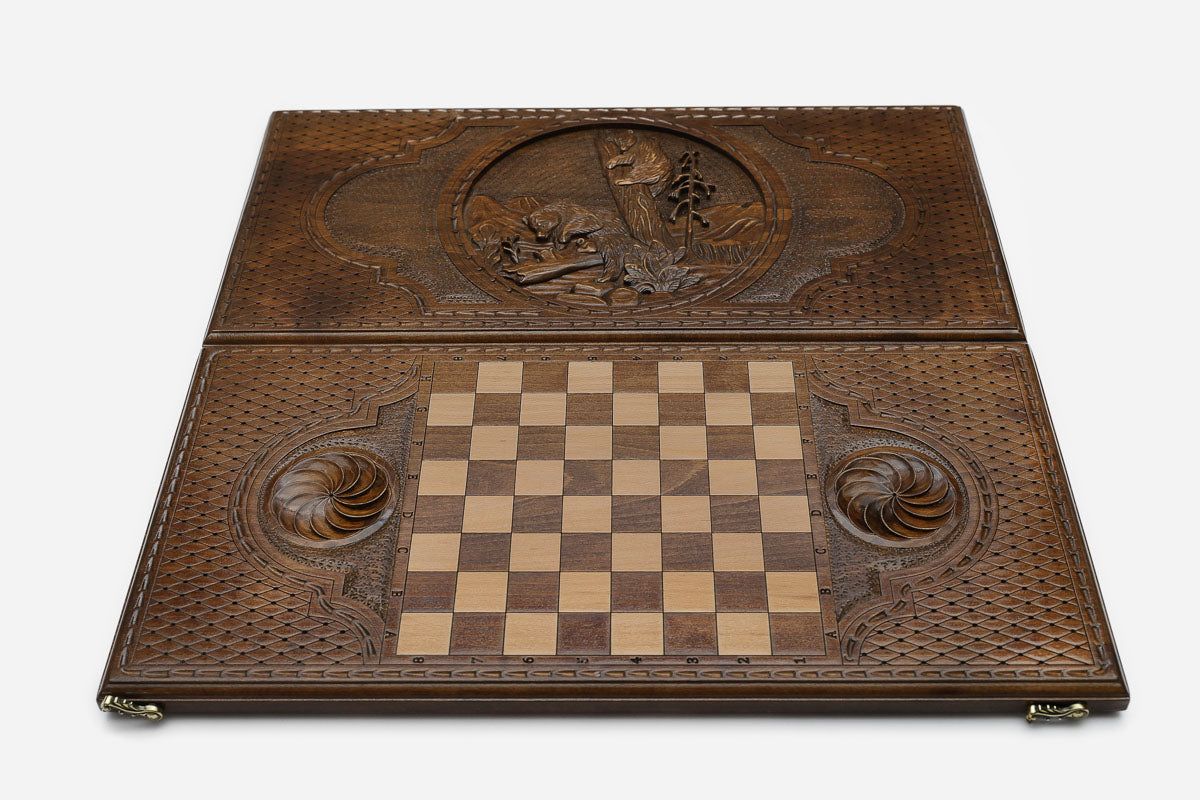 Moscow bears backgammon set folded, carved forest bears showing