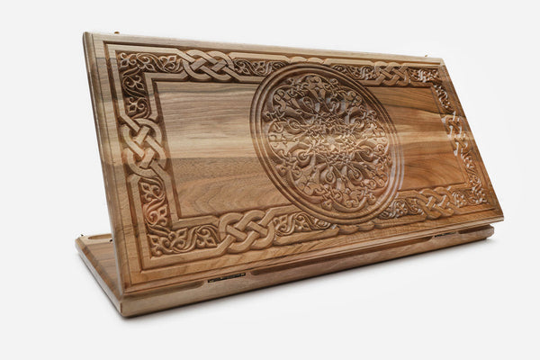 Luxury walnut backgammon set carved with grapevine ornament
