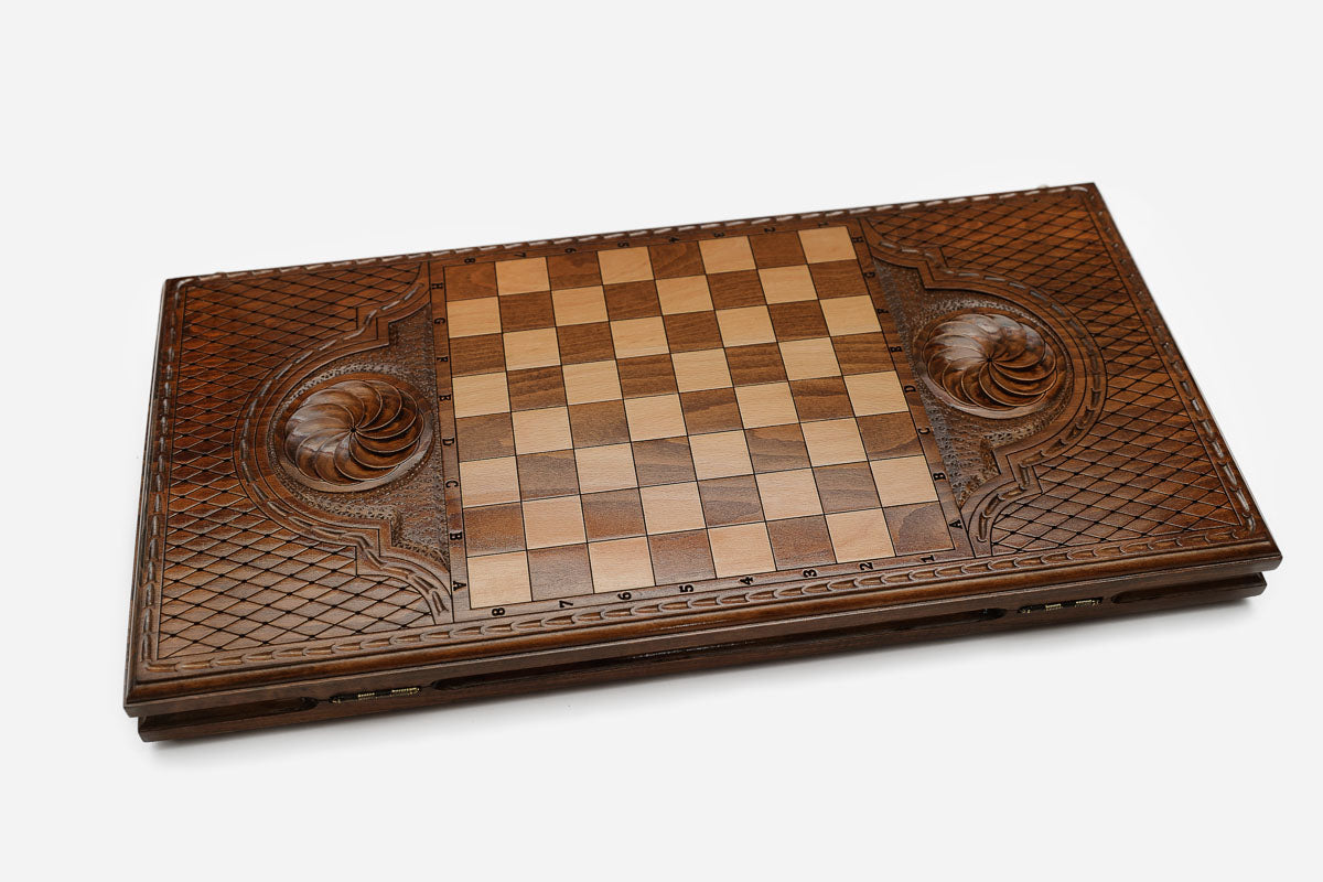 Wooden backgammon set interior with carved points