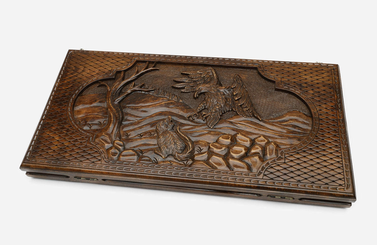 Hunting eagle backgammon set with checkers and dice
