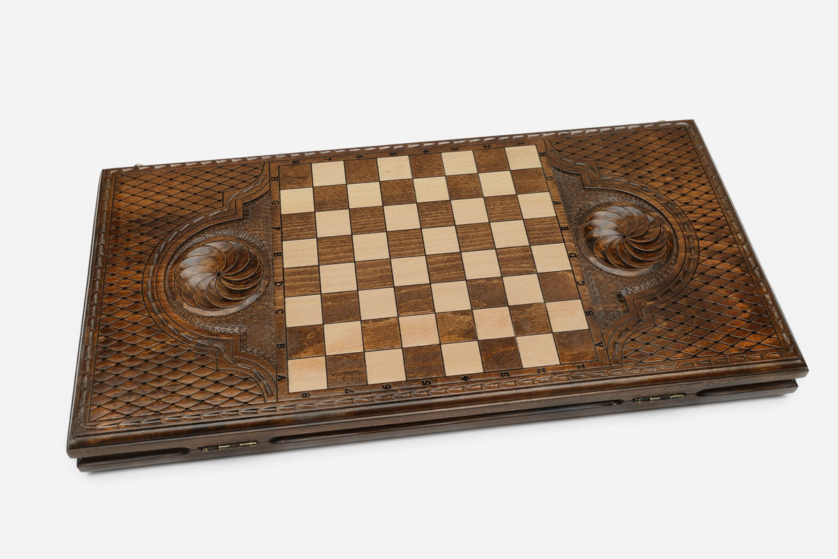 Wooden backgammon set interior with carved points
