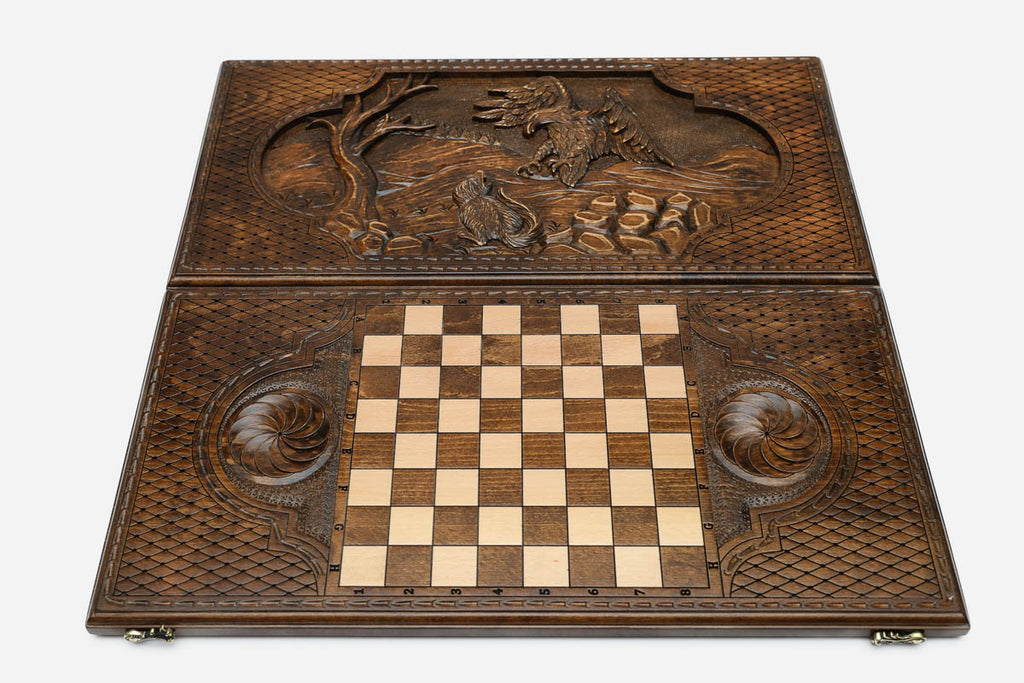 Hunting eagle backgammon set folded, talons-out dive showing