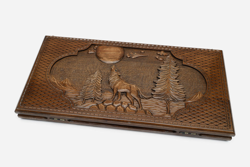 Winter wolf backgammon set with checkers and dice