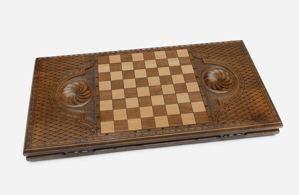 Wooden backgammon set interior with carved points