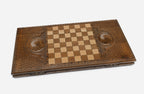 Wooden backgammon set interior with carved points