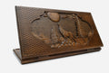 Wooden backgammon set hand carved with a winter wolf portrait