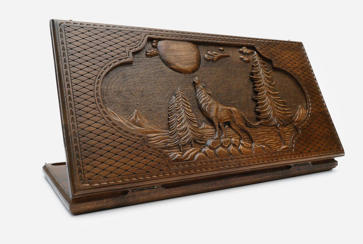 Wooden backgammon set hand carved with a winter wolf portrait