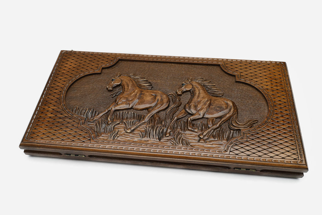 Horses backgammon set with checkers and dice