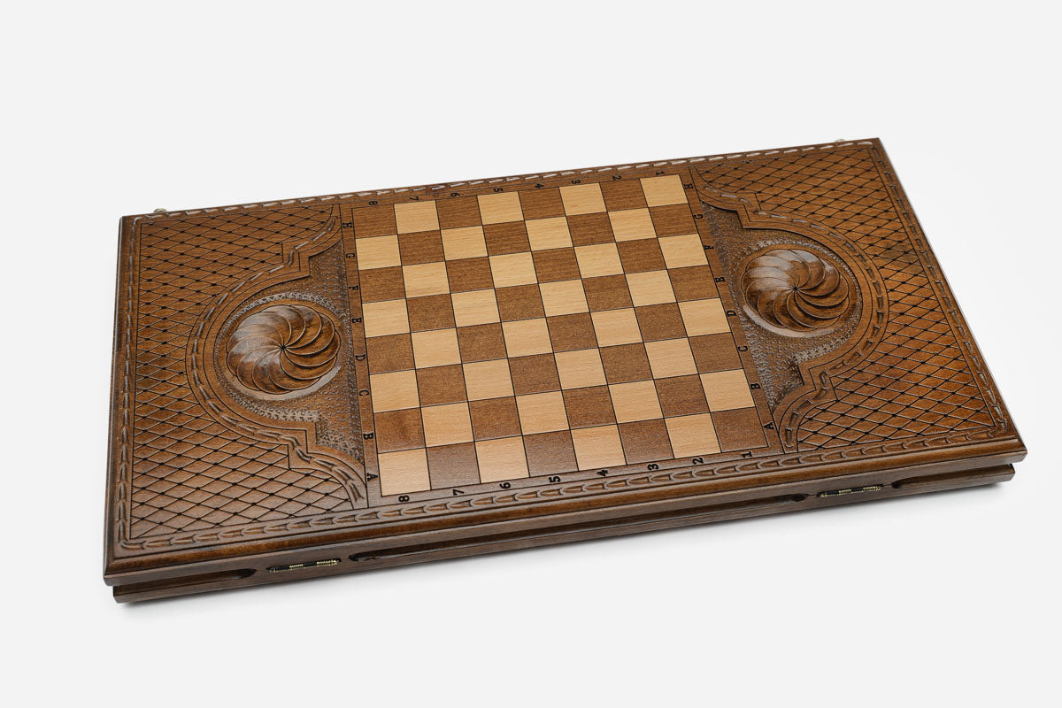 Wooden backgammon set interior with carved points