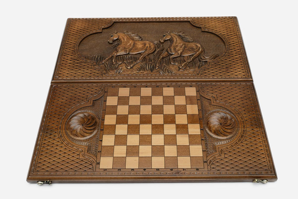 Horses backgammon set folded, carved team in motion