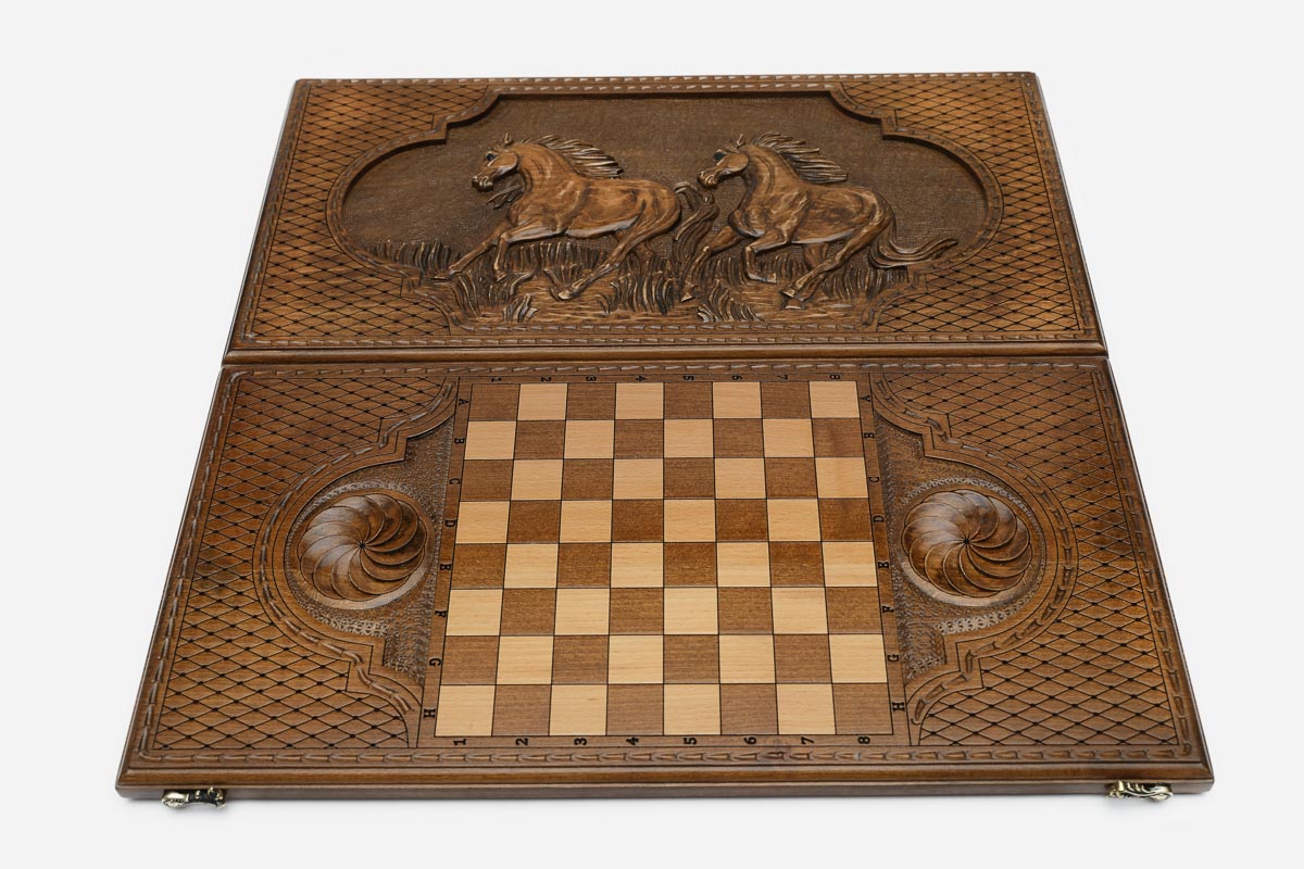 Horses backgammon set folded, carved team in motion