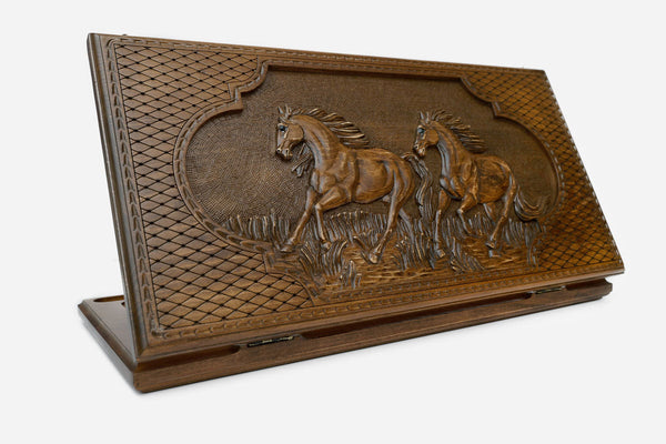 Wooden backgammon set hand carved with a galloping team of horses