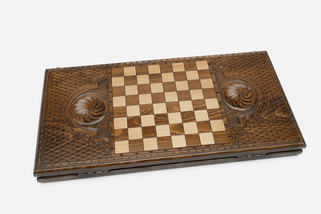 Wooden backgammon set interior with carved points