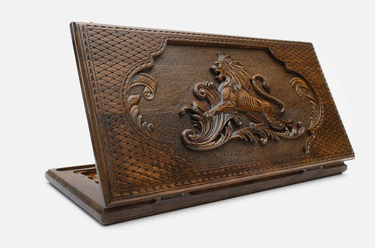 Wooden backgammon set hand carved with a grand lion