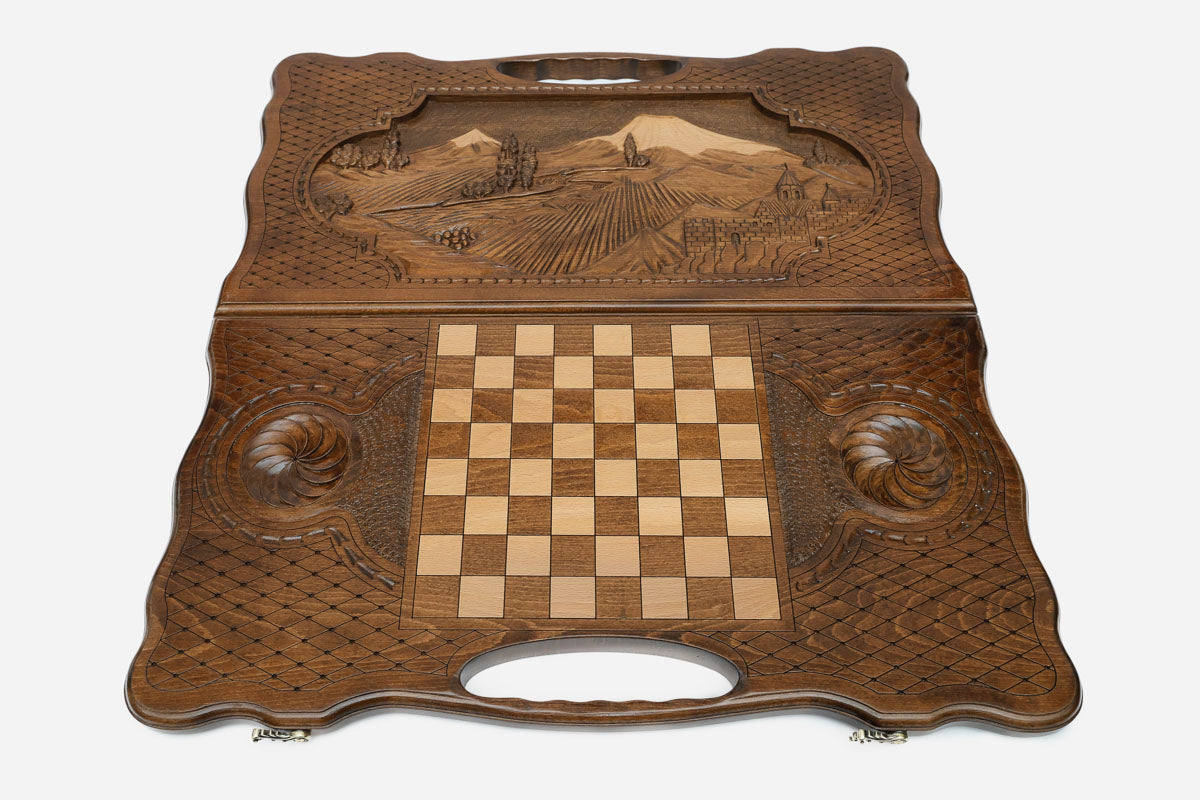 Ararat backgammon set folded, snow-capped peaks showing