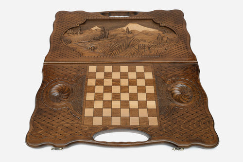 Ararat backgammon set folded, snow-capped peaks showing