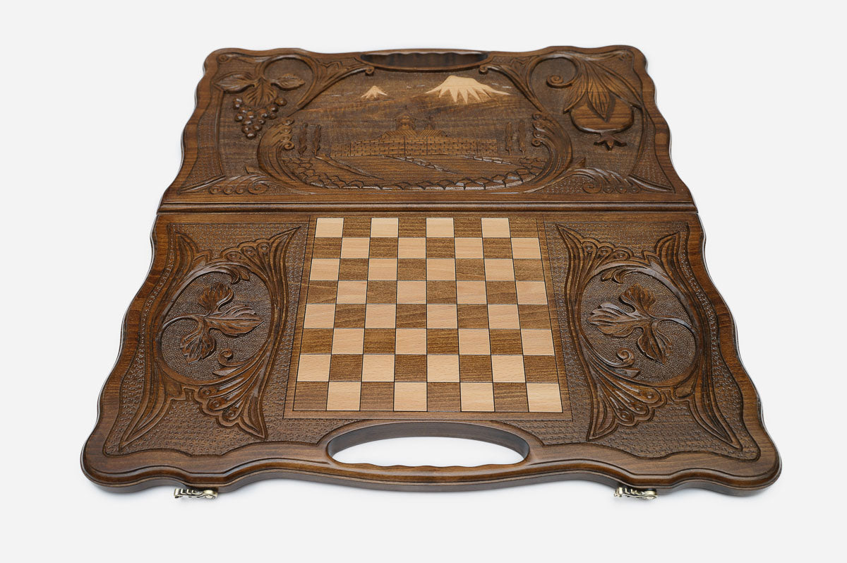 Angled view of the Ararat and Khor Virap carved backgammon board