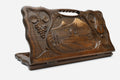 Carved beechwood backgammon board with Mount Ararat and Khor Virap monastery, with a carry handle, propped open